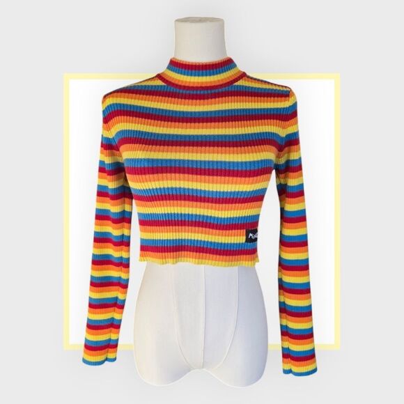 Minga London Rainbow Mock Neck Striped Ribbed Cropped Sweater - Picture 3 of 8